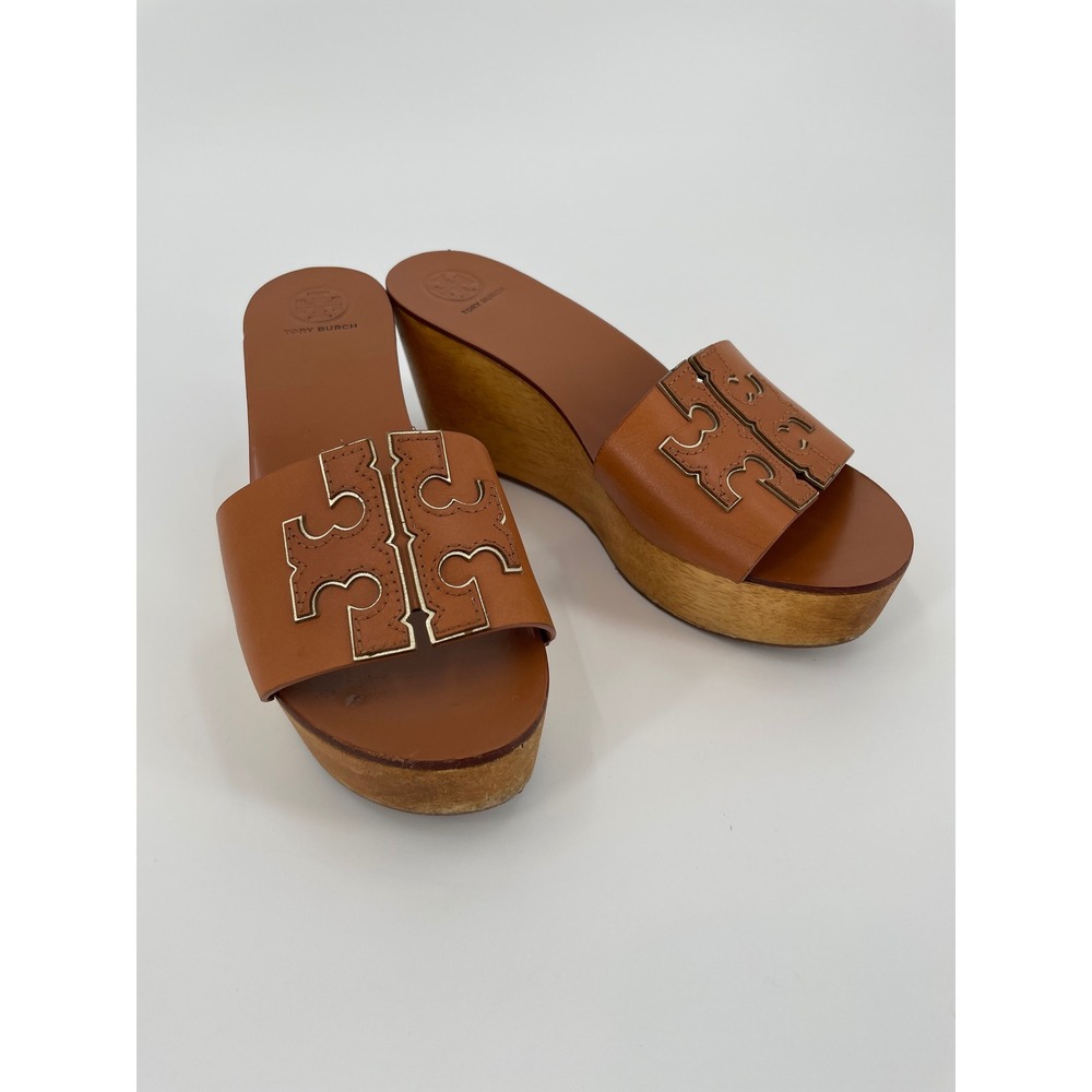 Tory Burch Ines Wedge Sandals 7 Tan Leather Gold Logo Wood 3" Heel Slides Boho